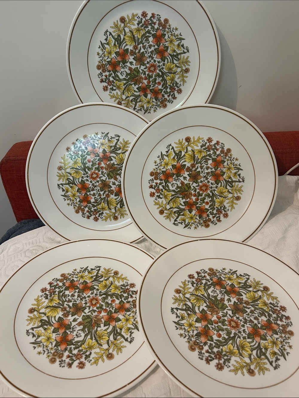 5 vintage Corelle White Dinner Plates with Yellow & Orange Floral Pattern